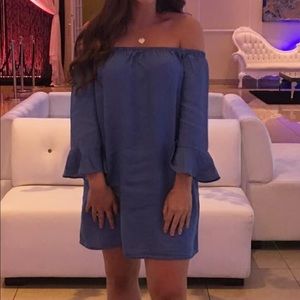 Denim off the shoulder dress.